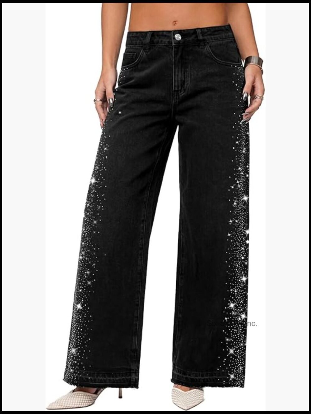 High Waisted Straight Wide Leg Rhinestone Jeans Sparkly Bling Glitter Denim